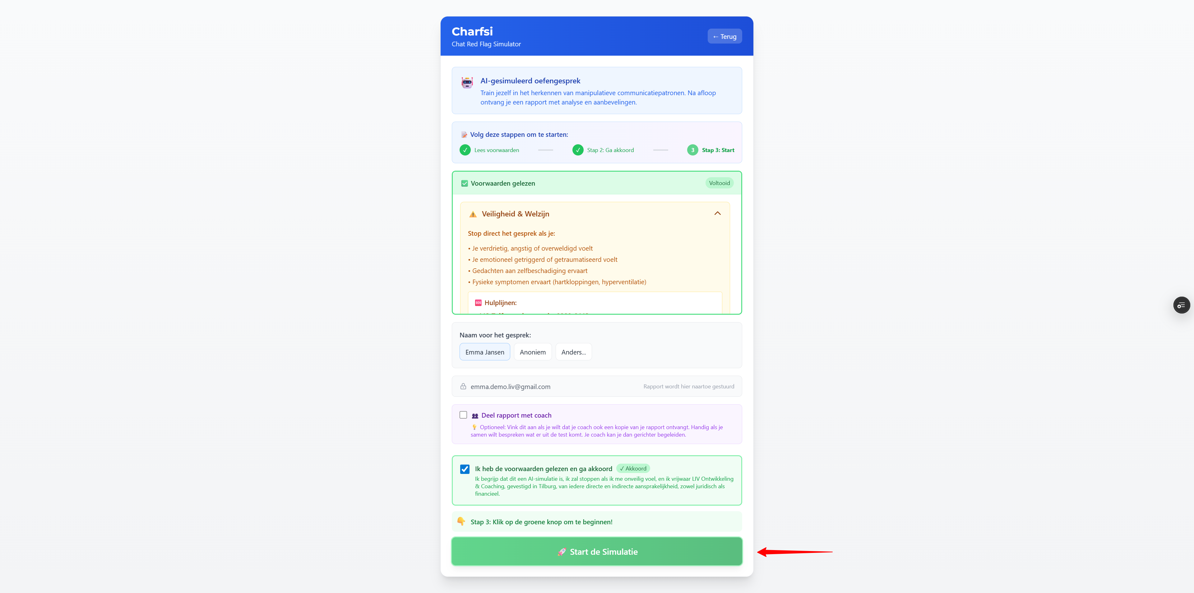 Stap 4: Setup: voordat je gaat chatten – Welkom (detail): Screenshot: welkomstscherm met korte uitleg