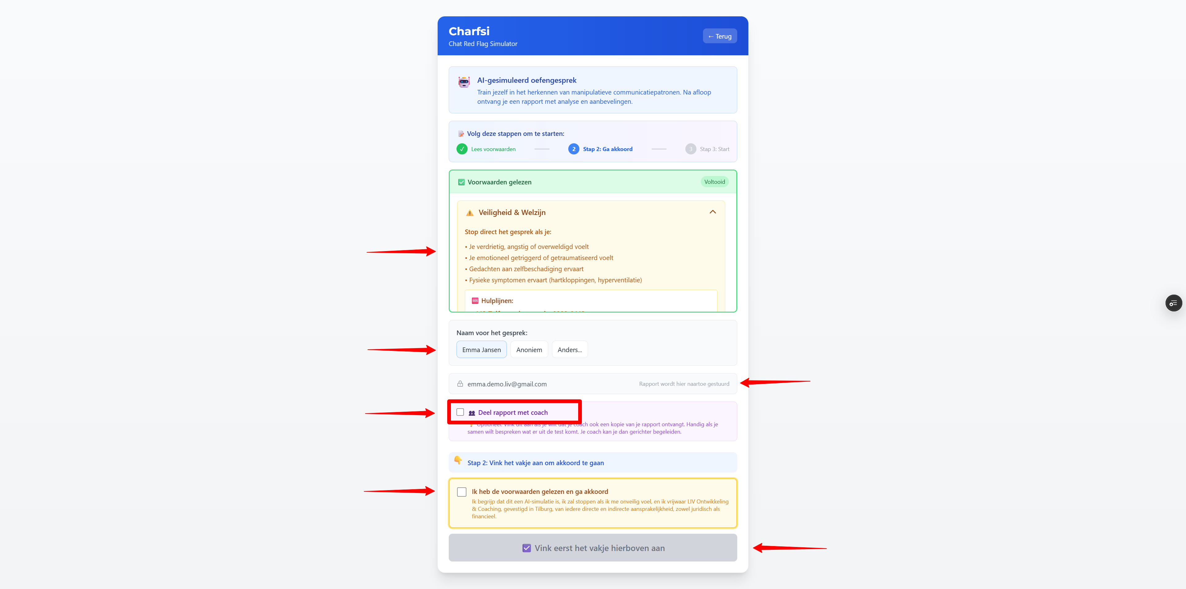 Stap 4: Setup: voordat je gaat chatten – Welkom & voorwaarden: Screenshot: welkomstscherm met korte uitleg