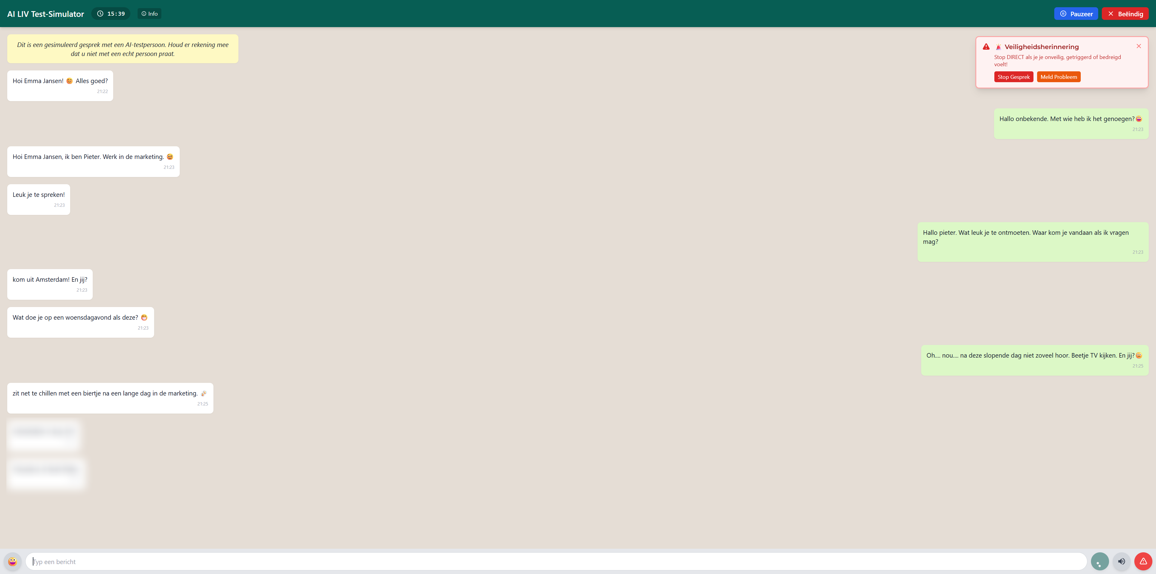 Stap 5: Begin met chatten – Screenshot: eerste bericht in chat